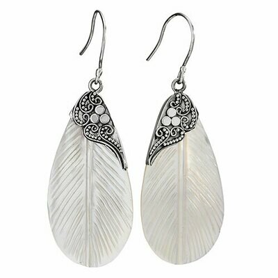 Sterling Silver Mother of Pearl Feather Bali Earrings - ETM4856