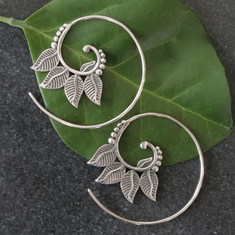 Sterling Silver Leaf Swirl Hoops - EB6