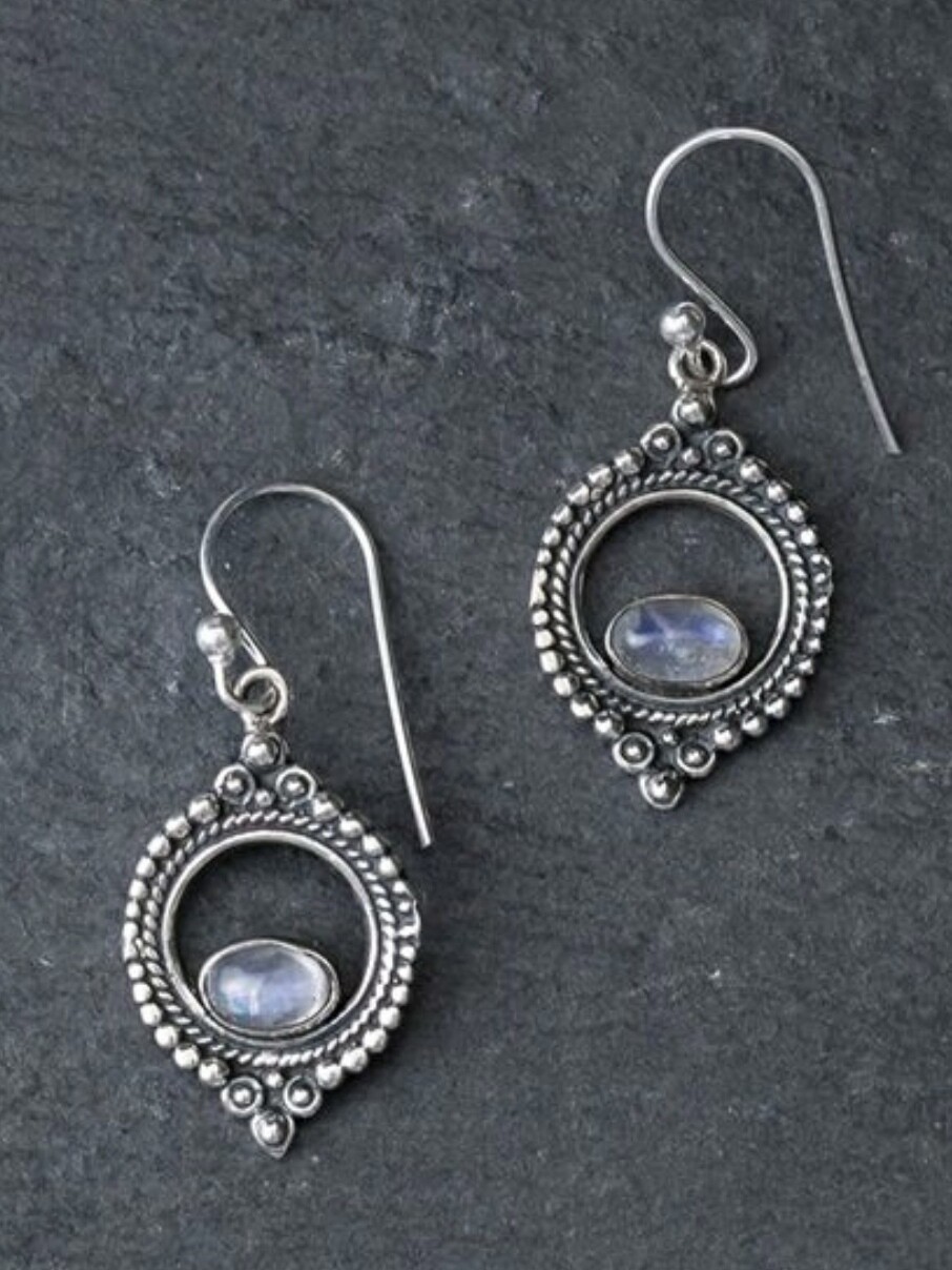 Sterling Silver & Rainbow Moonstone Dotted Circle Earrings - EB11