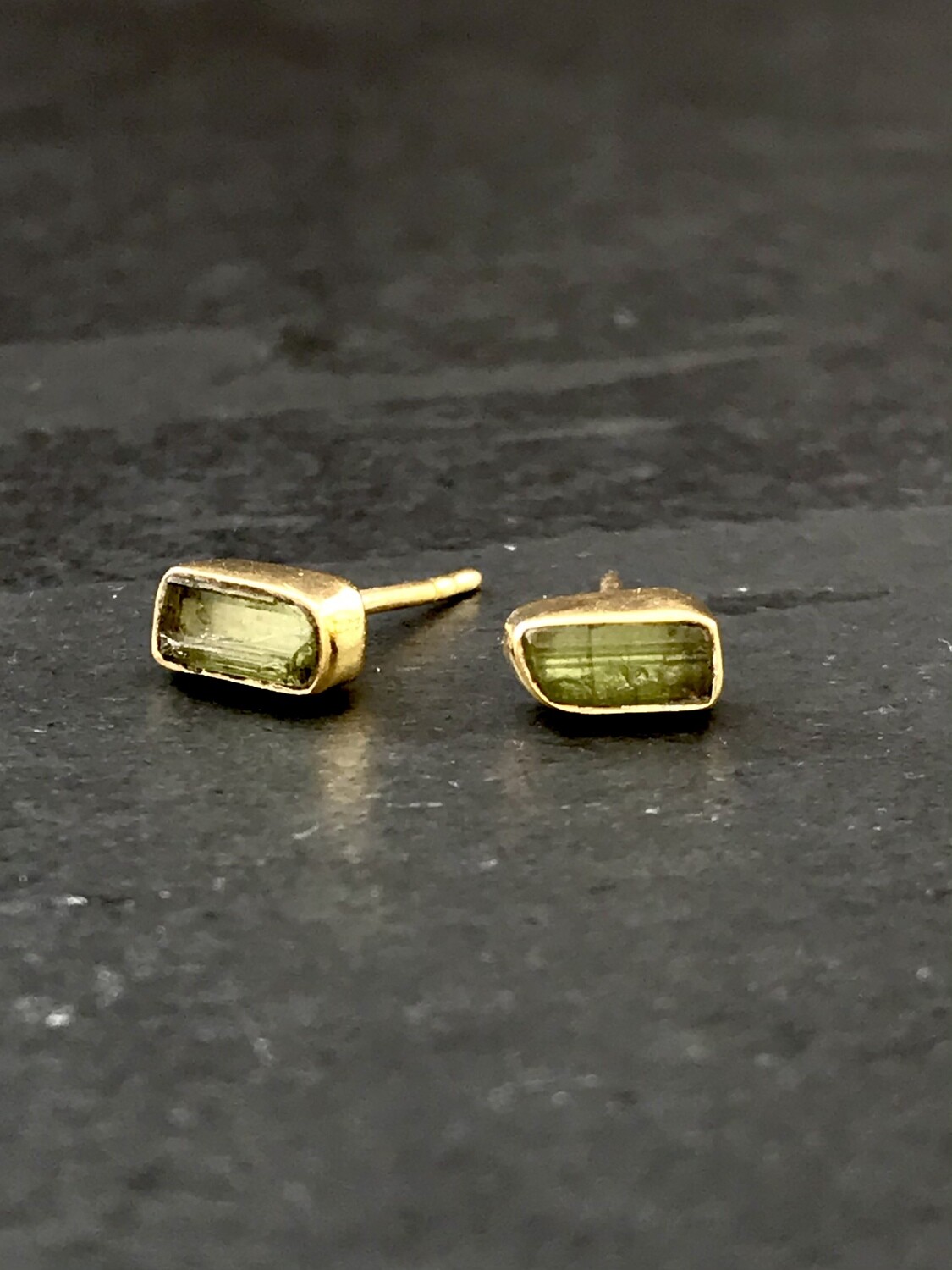 Gold Over Silver Green Tourmaline Bar Post Earrings - P91-1
