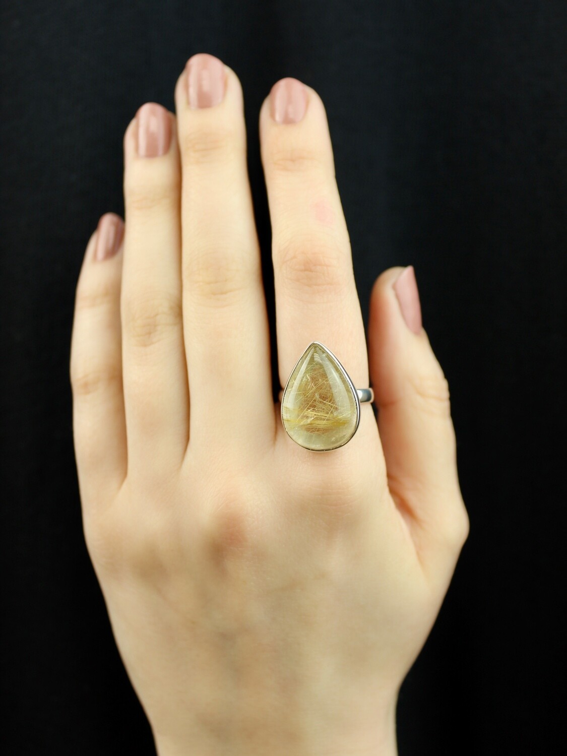 SIZE 8 - Sterling Silver Rutilated Quartz Teardrop Ring - RIG8100