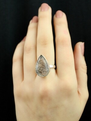 SIZE 7 - Sterling Silver Tourmalated Quartz Teardrop Ring - RIG7103