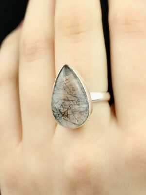 SIZE 7 - Sterling Silver Tourmalated Quartz Teardrop Ring - RIG7103