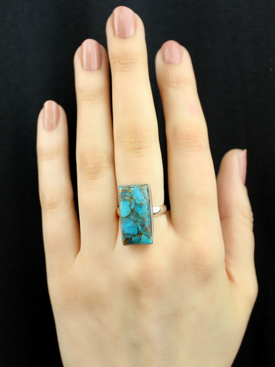 SIZE 7 - Sterling Silver Blue Copper Turquoise Rectangle Ring - RIG7104