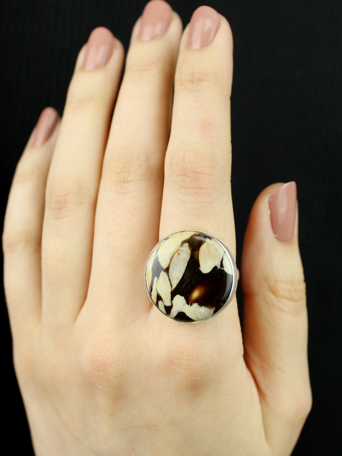 SIZE 9.5 - Sterling Silver Peanut Wood Jasper Round Ring - RIG9103