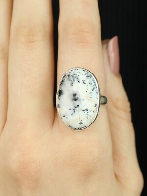 SIZE 8 - Sterling Silver Dendritic Agate Oval Ring - RIG8103