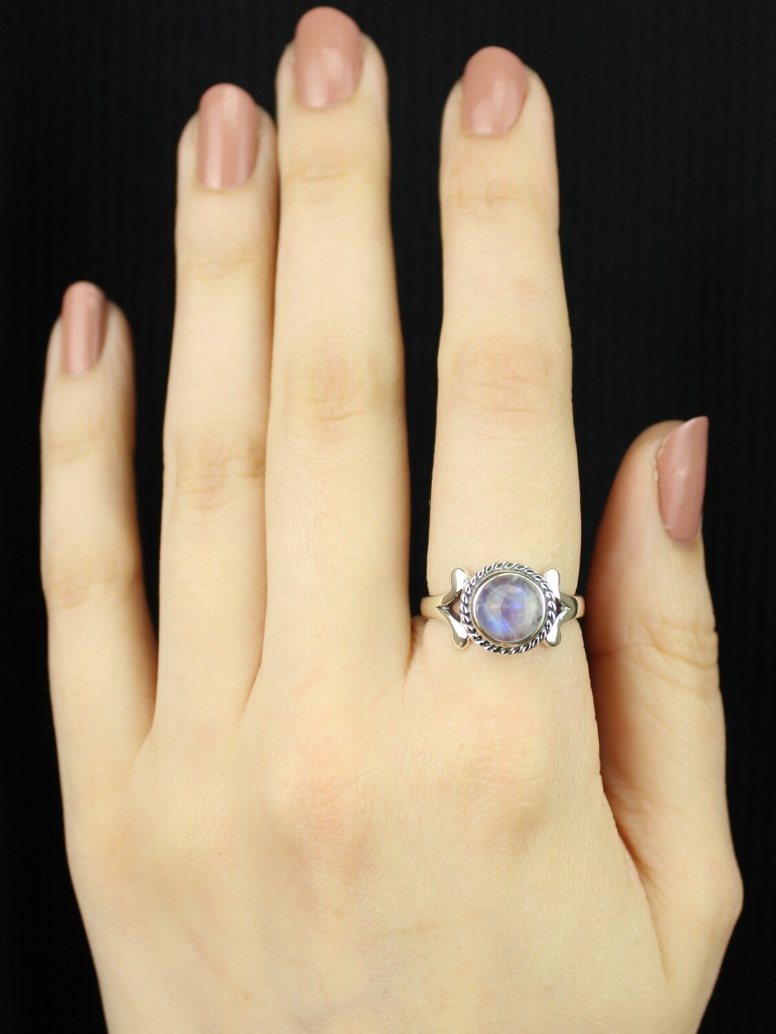 SIZE 8 - Sterling Silver Round Rainbow Moonstone Ring - RIG8115