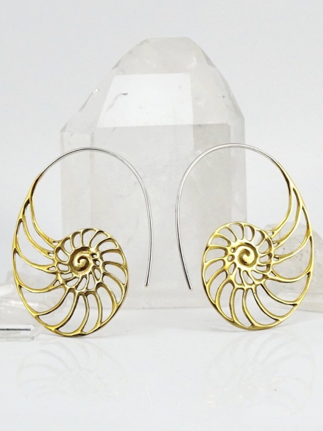 Ammonite Earrings in Brass + Sterling Silver - IBE63