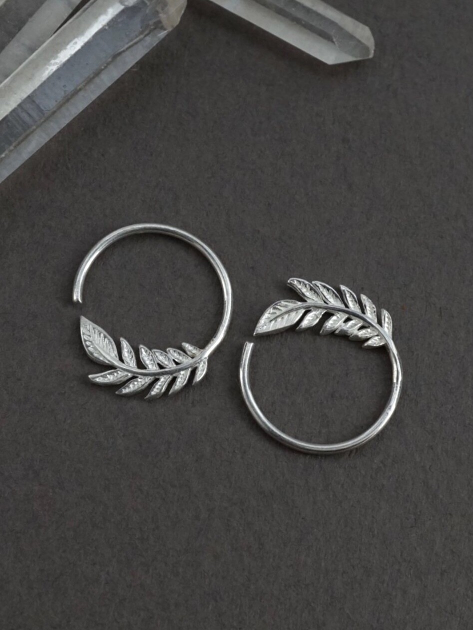 Tiny Leaf Sterling Silver Sleeper Hoops - IBE232