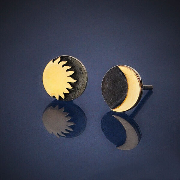 Sterling Silver Post Earrings with Bronze Sun and Moon - 6258