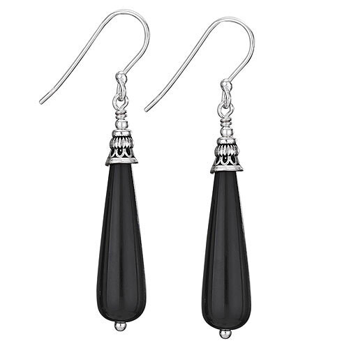 Sterling Silver Long Black Onyx Droplet Earrings - ETM3825