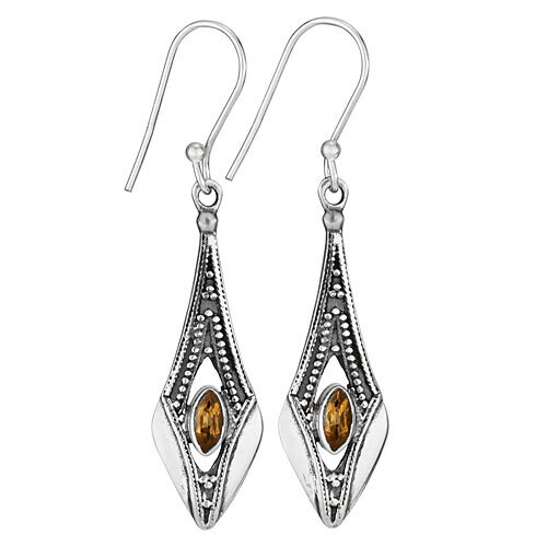 Sterling Silver Long Center Citrine Drop Earrings - ETM4522
