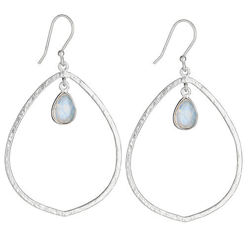 Sterling Silver Light Hammered Ring with Rainbow Moonstone Teardrop Earrings - ETM4637