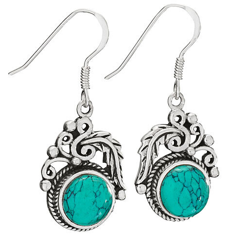 Sterling Silver Round Turquoise Drop Leaf Earrings - ETM4744
