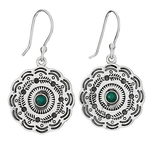 Round Scalloped Hilltribe Silver with Faceted Emerald Earrings - ETM4786