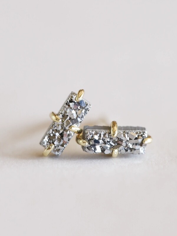 Silver Drusy Bar Prong Set Post - 18k Gold Over Silver - JK41