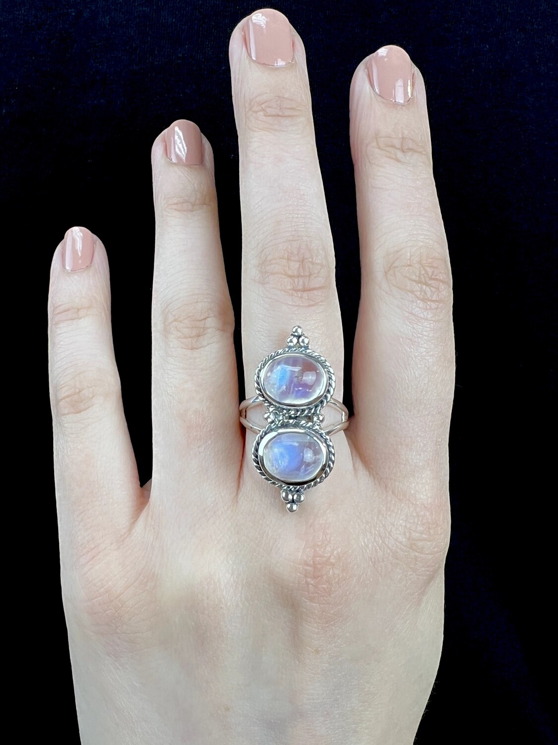 SIZE 7 - Sterling Silver Double Rainbow Moonstone Ring - RIG7135