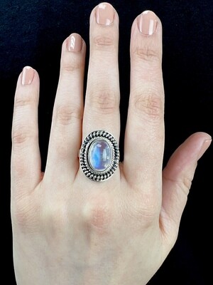 SIZE 8 - Sterling Silver Rainbow Moonstone Ring - RIG8128