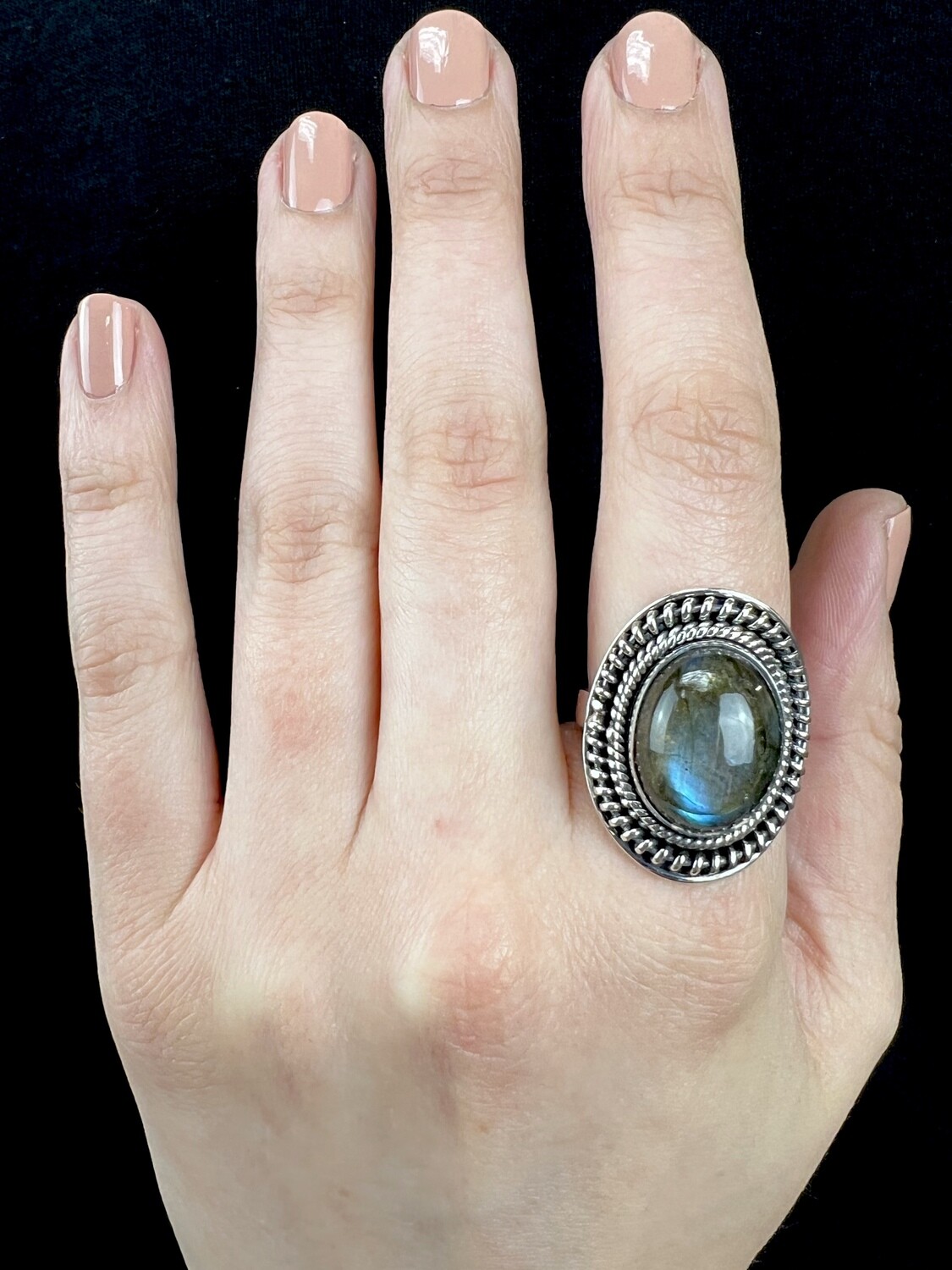 SIZE 9 - Sterling Silver Labradorite Braided Oval Ring - RIG9121