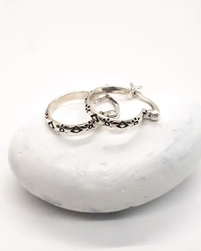 Sterling Silver Decorated Huggie Hoop Earrings - EB33