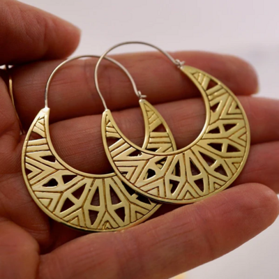 Mandala Moon Hoop Earrings in Brass & Sterling Silver - IBE288