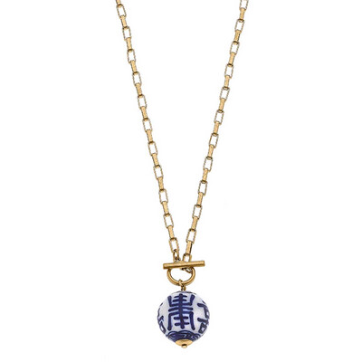 Laurel Chinoserie T-Bar Necklace blue/white