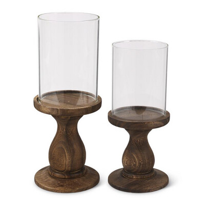 Glass Cylinders w/Wood Pedestal Candlehol