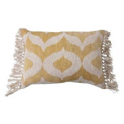 Cotton Slub Lumbar Pillow with Ikat Pattern and Tassels