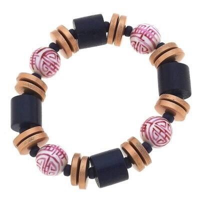 Lorelei Pink & White Chinoiserie & Painted Wood Stretch Bracelet Navy