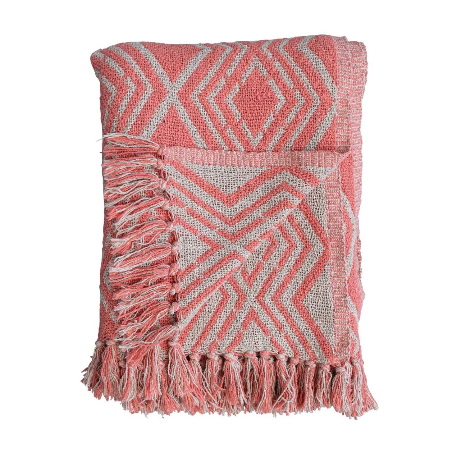  60"L x 50"W Recycled Cotton Blend Printed Throw w/ Geometric Pattern & Fringe, Pink & Natural