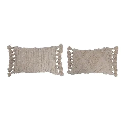 24” x 16” Lumbar Pillow w/ Tufted Design & Tassels Cream