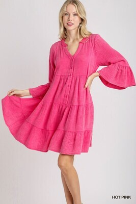 Mineral Washed Cotton Gauze Tiered Dress (Hot Pink