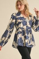 G11989-3 Blue Floral Print Baby Doll top