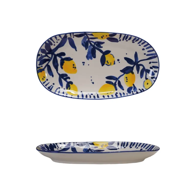 Hand-Painted Stoneware Platter with Lemons