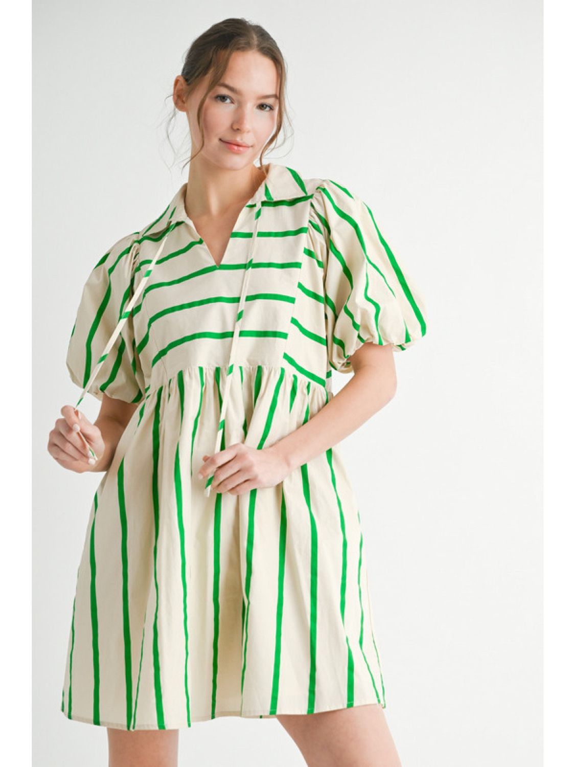 Cotton Stripes Baby Doll Green Dress