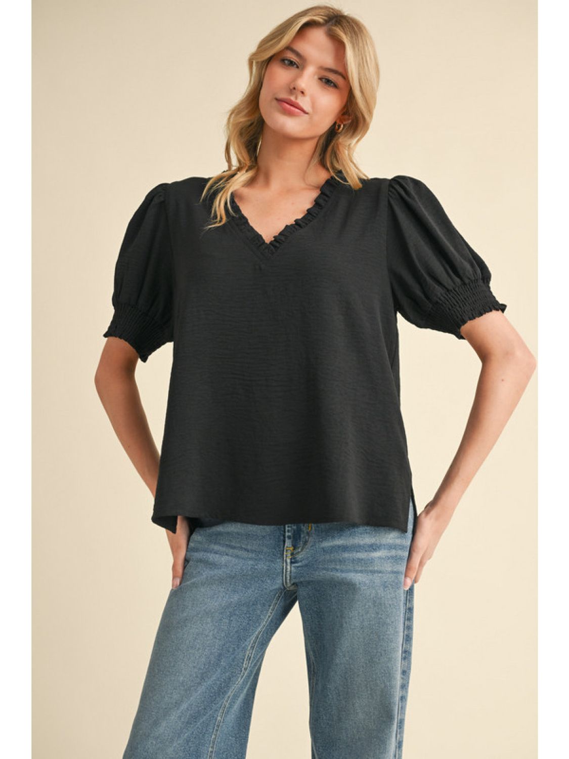 Black Top With Frilled Neck