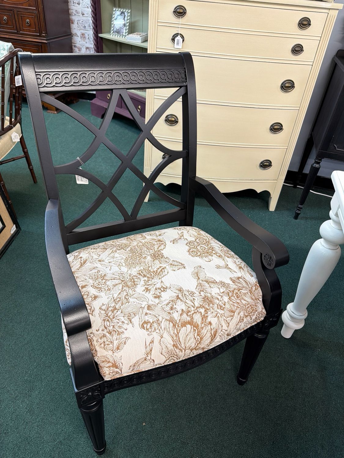 Set of 4 black chairs tan fabric