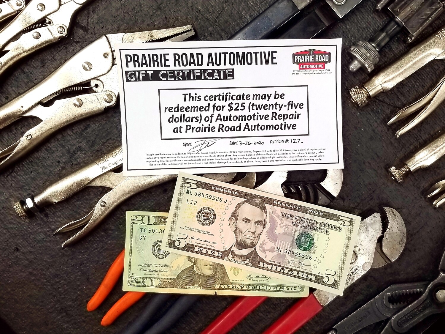$25 Gift Certificate PLUS MATCHED $25 Gift Certificate by Prairie Road Automotive to be Donated to the Community