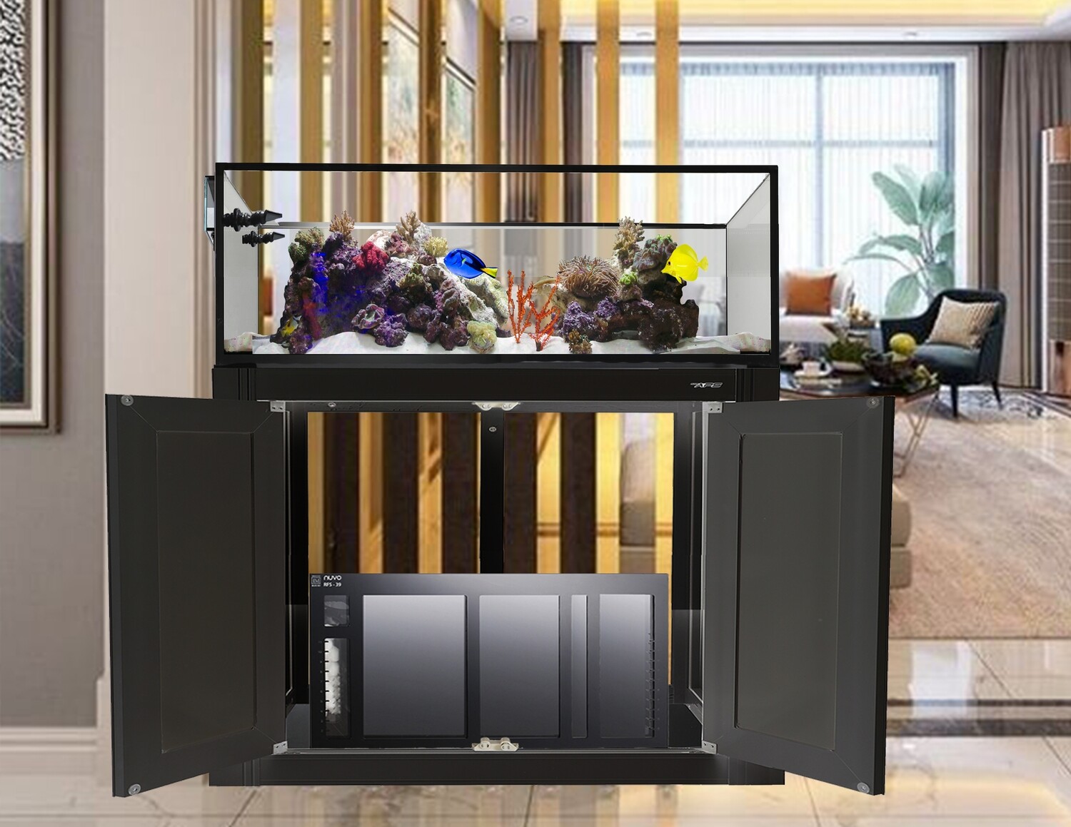 100 Gallon EXT Peninsula Reef Ready Aquarium + Black Stand + RFS39 Acrylic Sump