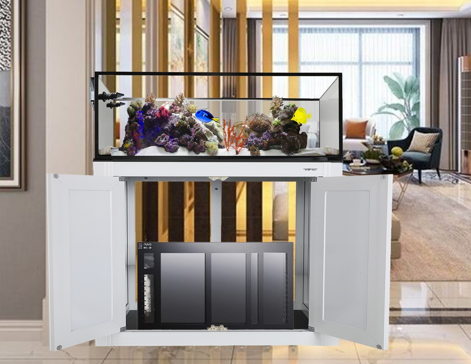 100 Gallon EXT Peninsula Reef Ready Aquarium + White Stand + RFS39