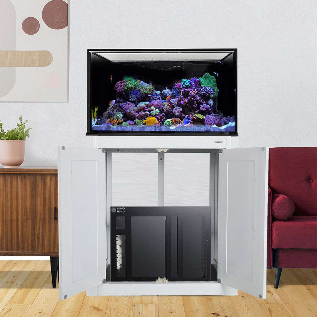 NUVO INT 75 Gallon Reef Ready Aquarium + White APS Stand + RFS27 Acrylic Sump