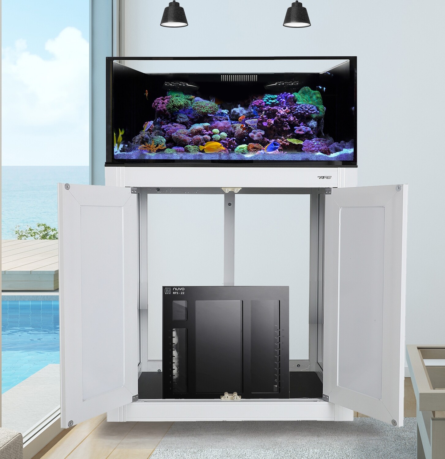40 Gallon Long EXT Aquarium with White APS Stand with RFS22 Reef Acrylic Sump