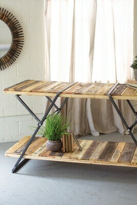 Reclaimed Wood Two Tiered Display Table W/Folding Iron Base