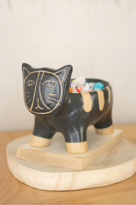 Black and Natural Ceramic Cat Bowl