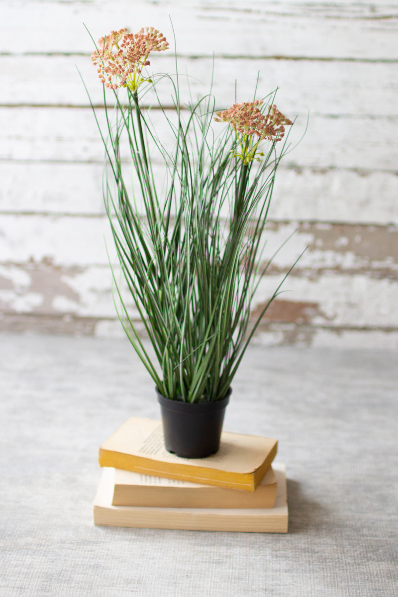 Artificial Potted Onion Grass w/2 Flowers #2