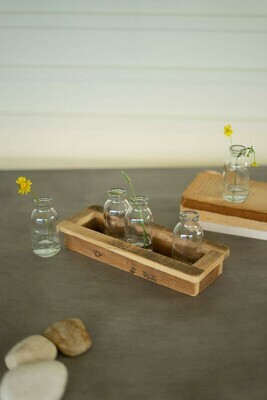 Set/5 Glass Bud Vases With Recycled Wood Base
