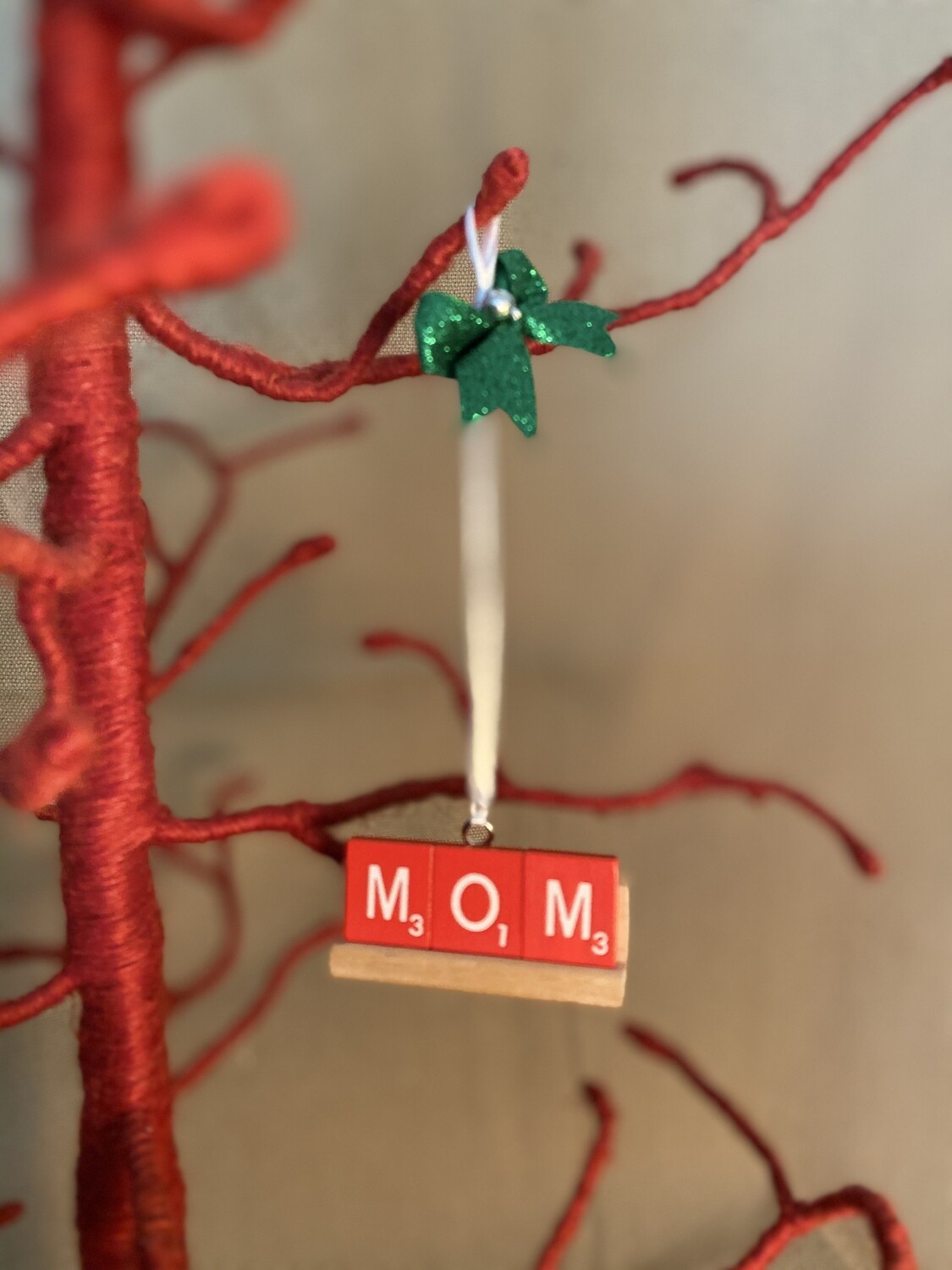 Mom Red Scrabble Ornament w/Bow 2.25&quot;L x 1&quot;H