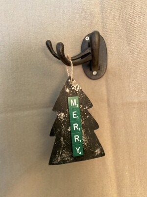 Merry Scrabble Metal Tree Ornament 4&quot;L x 6&quot;H