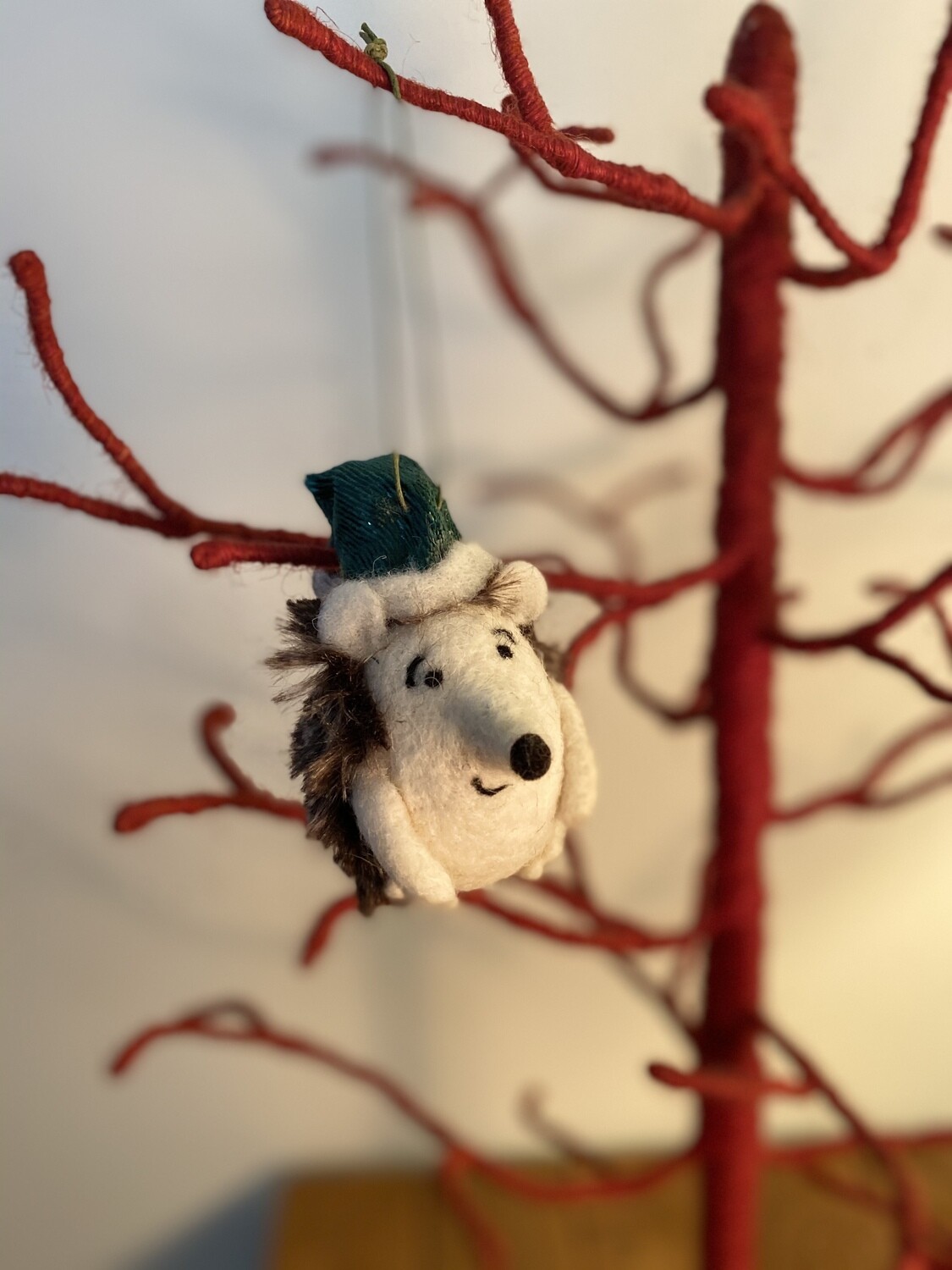 Felt Hedgehog w/Shiny Green Holiday Hat Ornament Felt Hedgehog w/Shiny Green Holiday Hat Ornament