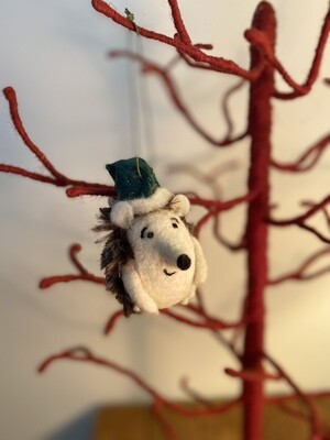 Felt Hedgehog w/Shiny Green Holiday Hat Ornament Felt Hedgehog w/Shiny Green Holiday Hat Ornament